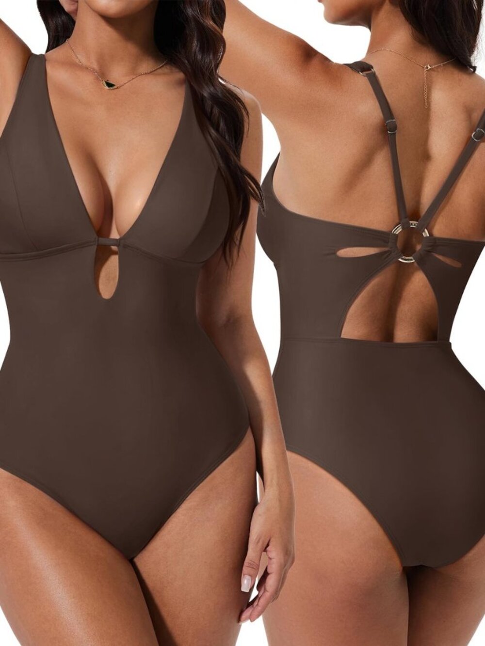 Women One Piece Tummy Control Swimsuit Deep V Neck Cutout Bathing Suit